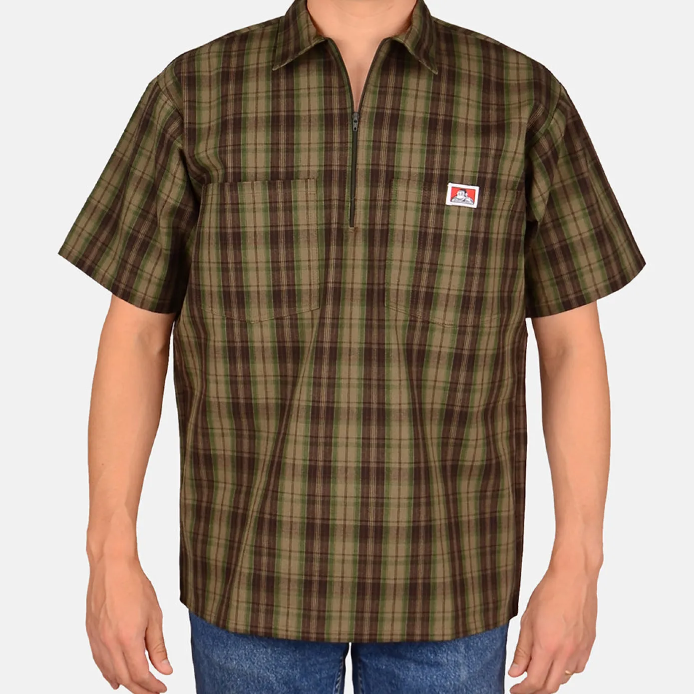 Short Sleeve Plaid 1/2 Zip Shirt - Olive