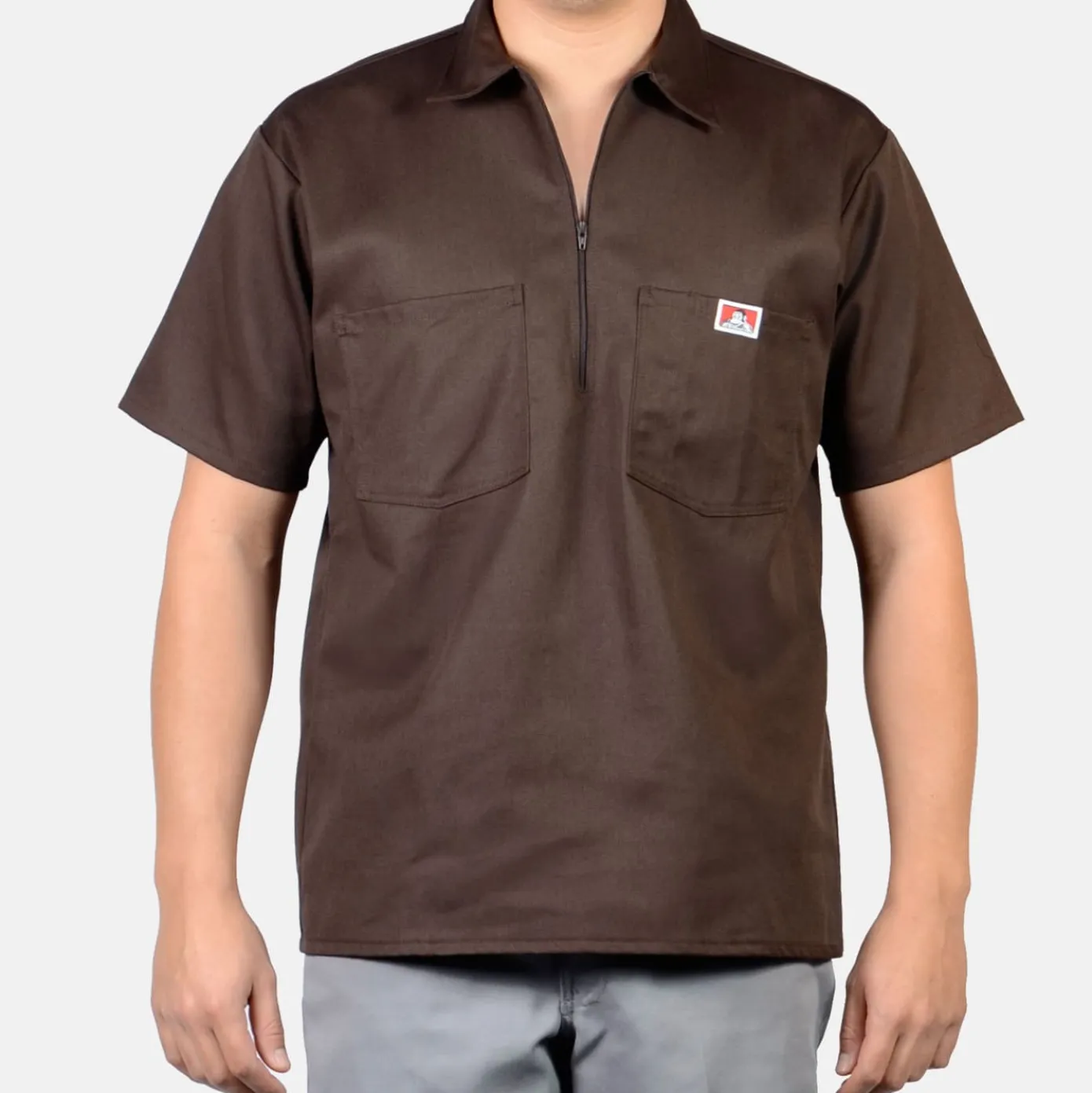 Short Sleeve Solid 1/2 Zip Shirt - Brown