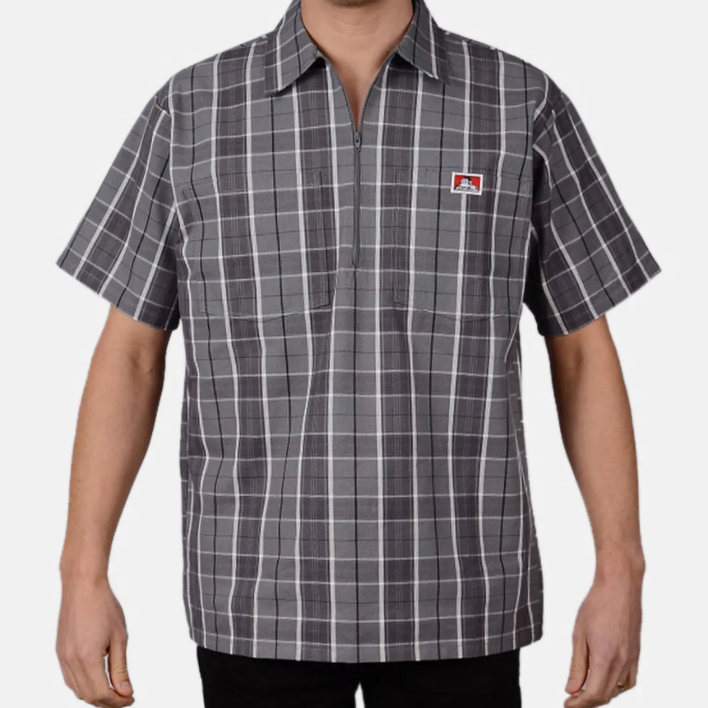 Short Sleeve Plaid 1/2 Zip Shirt - Grey/Black